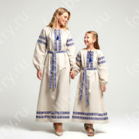 Платье Берегиня, небеленый лен с синим