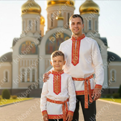 Рубаха Обряд, белый лен с красным- фото 1